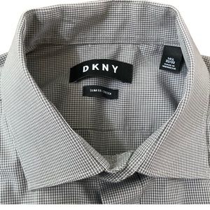 DKNY Grey Slim Fit micro check Button Down with Cutaway Collar 14 1/2 32/33